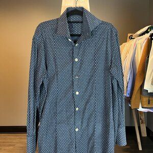 Lavish Angelo Galasso Couture Italy Polka Dot Dark Blue Mason Button Dress Shirt